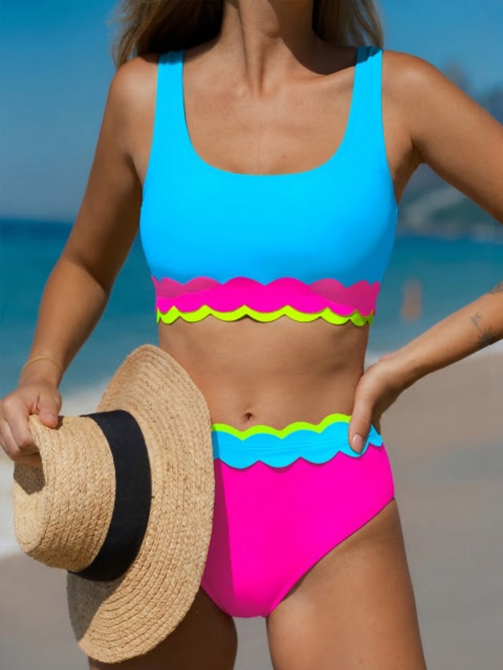 NWT Popvil Bright Colorblock Scallop Trim Bikini - Blue & Pink